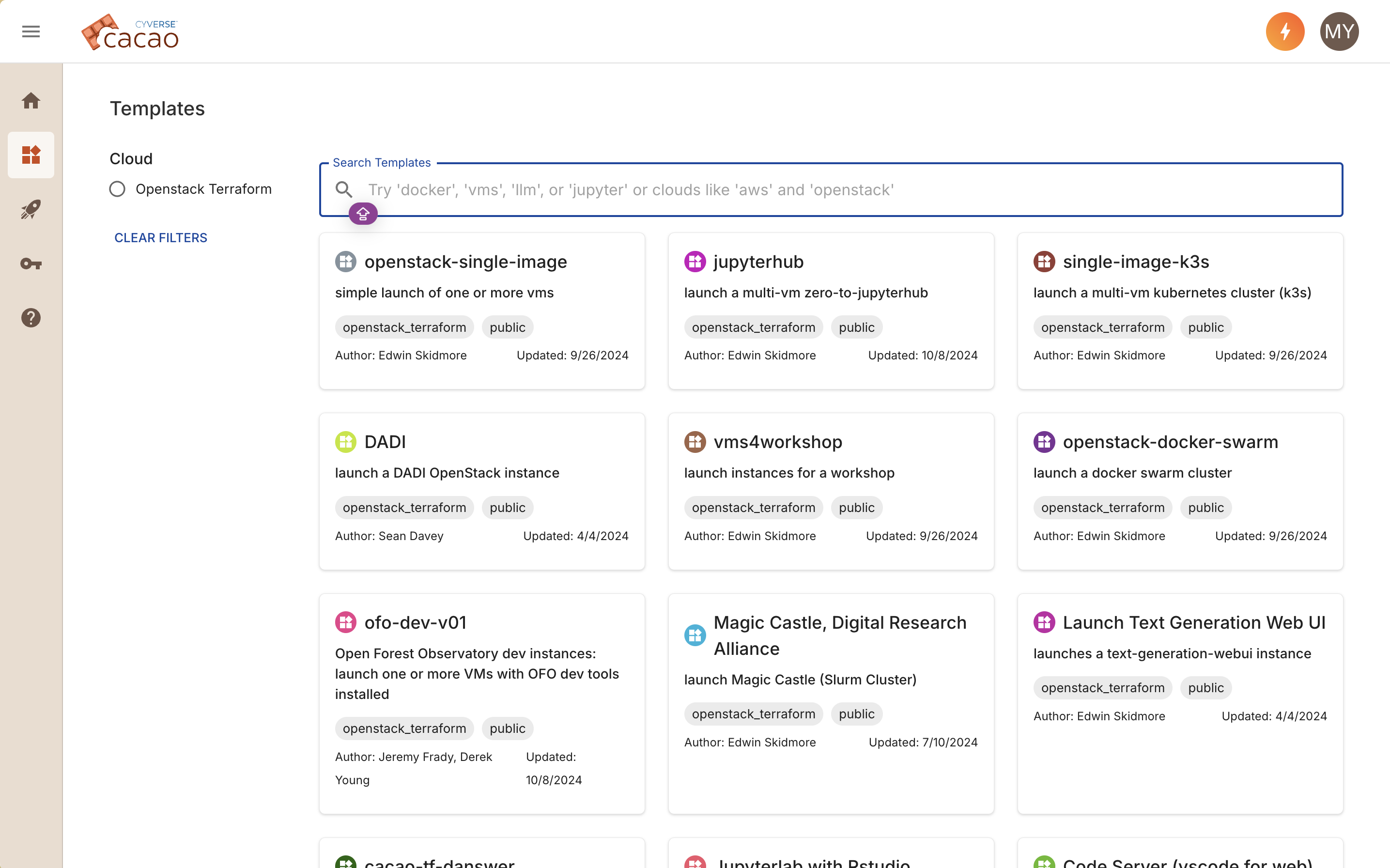 Screenshot of cloud templates in CACAO